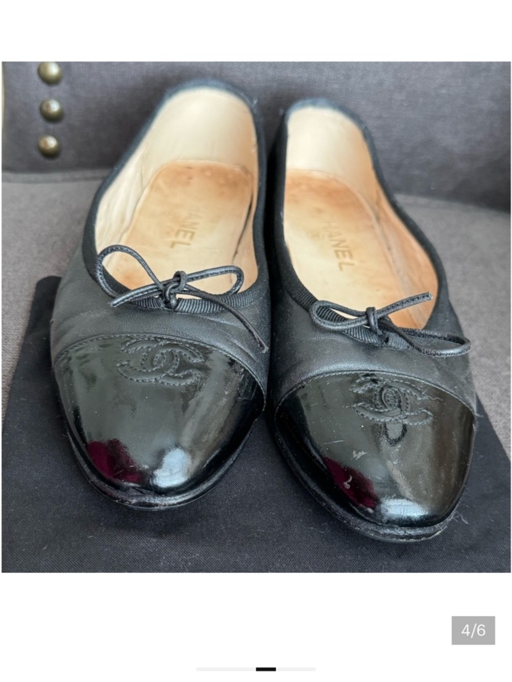 CHANEL Black Leather Ballerina Flats with Patent Cap Toe Size 38 1/2
